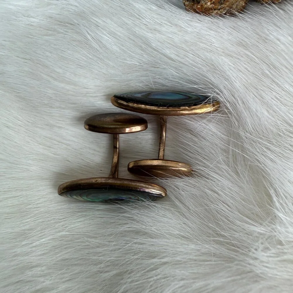 Antique Oval Abalone & Gold Tone Cuff Links Men's Victorian